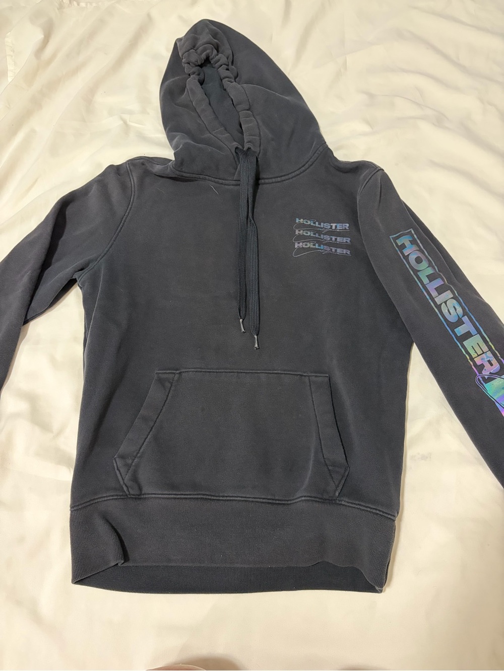 Hollister Men’s Charcoal Hoodie with Iridescent Sleeve Logo